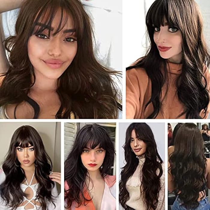 DILLARDS Emmor Long Wavy Wigs With Bangs, Heat Resistant Synthetic Wigs For Daily/Party/Cosplay (24 Inch, Dark Brown) - Image 2